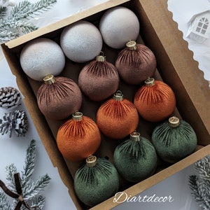 Christmas velvet ornaments - Beige, Moss green, Brown - 3.94 inch - 11  units set