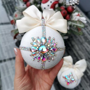 Cream Ornaments/Cream bauble / Rhinestone Ornament/ Rhinestone Velvet Christmas Ornament/ Tree Décor Set/ Handmade Christmas Ornaments