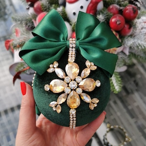 Christmas rhinestones ornaments, Handmade balls in gift box, Xmas decorations, Tree décor set ,Emerald baubles