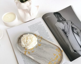 Handmade Concrete Oval Tray | Marble & Gold Flakes Decor
