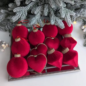 Rhinestone ornament,Christmas Red Decorations,Red Velvet Christmas Ornaments Mix ,Christmas Red tree bauble,12 units set balls ,Xmas baubles