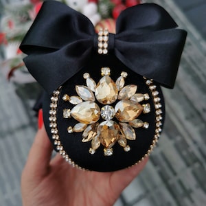Christmas rhinestones ornaments, Handmade balls in gift box, Xmas decorations, Tree décor set ,Black baubles