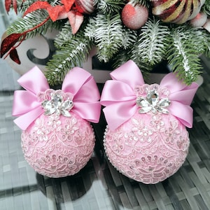Christmas Rhinestones Ornaments, Pink Christmas Ornaments, Xmas Ornaments Set, Pink Christmas Decoration, Handmade Balls, Hot Pink Baubles