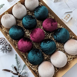 Handmade Velvet Christmas Ball Ornaments: Wine, Emerald, Beige - 15 Piece Set
