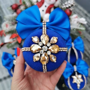 Christmas rhinestones ornaments, Handmade balls in gift box, Xmas decorations, Tree décor set ,Royal blue baubles