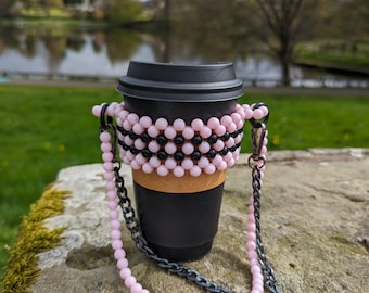 Porte-gobelet, porte-gobelet rose, sac à main, sac porte-manche pour tasse à thé en perles de café, sac à café, sac à main, sac à café