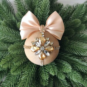 Christmas rhinestones ornaments, Handmade balls in gift box, Xmas decorations, Tree decor set,Ivory Gold baubles