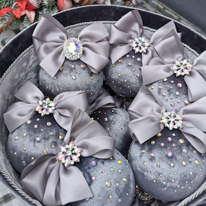 Silver Christmas Baubles/ Rhinestone Christmas Ornament/ Rhinestone Velvet Christmas Ornament/ Tree Décor Set/ Handmade Christmas Ornaments