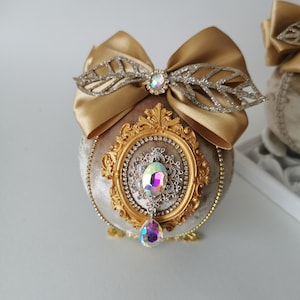 Christmas rhinestones ornaments.Handmade balls in gift box.Xmas decorations.Tree decor set.Gold baubles.Christmas gift in box.Red Xmas ball.