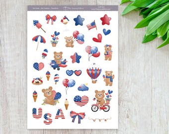 Patriotic Bear Watercolor Planner Stickers, 4th of July, USA-Themed, Memorial Day, Labor Day, Veterans Day, Red White & Blue, BUJO, CLIP-021