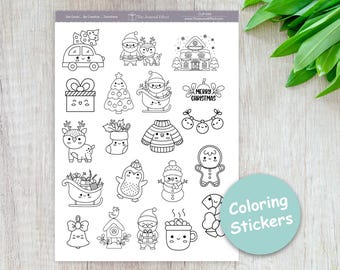 Christmas Coloring Planner Stickers, Black and White Holiday Doodles Clipart, Journals, Cards and Crafts, BUJO, Scrapbooking, CLIP-045
