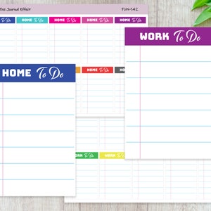 May include: Four printable to-do list templates with different colored headers. The headers read "HOME To Do", "WORK To Do", and "HOME To Do".