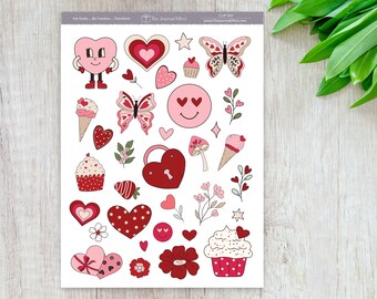 Valentine’s Day Planner Stickers, Retro Themed Pink & Red, Planners, Journals, Cards and Crafts, BUJO, Scrapbooking, CLIP-047