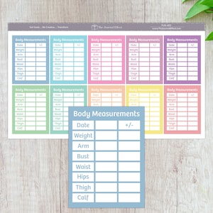 May include: Colorful body measurement tracker stickers. Each sticker features a grid for recording weight, arm, bust, waist, hips, thigh, and calf measurements. The stickers are in various pastel colors, with the text "Body Measurements".