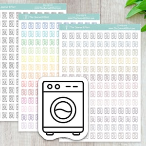 May include: Three sheets of stickers with a repeating pattern of a black and white outline of a washing machine. The sheets are printed with a gradient of colors, including blue, green, purple, and red. The text "The Journal Effect" is printed at the top of each sheet.
