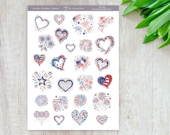 Fireworks Patriotic Hearts Planner Stickers, 4th of July, Memorial Day, Labor Day, Red White & Blue, Journals, Planners and More, CLIP-022