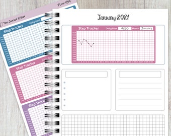 May include: A pink and blue planner with a step tracker for January 2021. The daily goal is set at 9000 steps. The planner has a gridded section for notes and a blank section for writing.