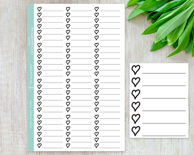 May include: A printable sheet of heart-shaped stickers with lines for writing. The sheet has 3 columns of hearts with 30 hearts total. The sheet is printed on white paper with black ink. The sheet is labeled "The Journal Effect" and has a website address.