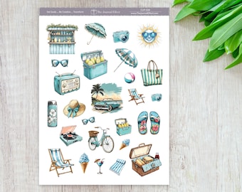 Retro Beach Day Planner Stickers, Vintage Summer Picnic & Vacation, Coastal Blue Sticker Sheet, Journals, Planners and More, CLIP-028