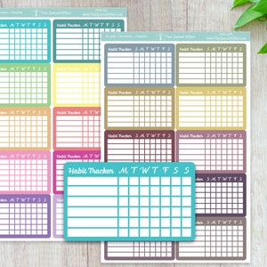 May include: A set of 12 colorful habit tracker stickers with a grid layout and the text "Habit Tracker" and "M T W T F S S" printed on each sticker.