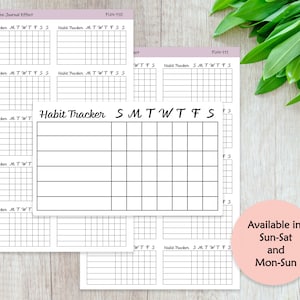 May include: A printable habit tracker with a black and white grid design. The tracker is labeled "Habit Tracker" and includes the days of the week: Sunday, Monday, Tuesday, Wednesday, Thursday, Friday, and Saturday. The tracker is available in two formats: Sun-Sat and Mon-Sun.