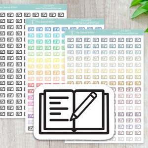 May include: Three sheets of colorful stickers with a black and white illustration of an open notebook with a pencil on the right page. The text "The Journal Effect" is printed on each sheet.