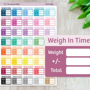 May include: A set of 20 colorful weight tracker stickers with the text "Weigh In Time" and spaces to record weight, change, and total. The stickers are designed for use in a planner or journal.