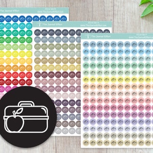 May include: Four sheets of colorful round stickers with a white outline of a lunchbox with an apple inside. The stickers are in various shades of blue, green, yellow, red, purple, brown, gray, pink, and beige. The text "The Journal Effect" and a website address are printed on each sheet.
