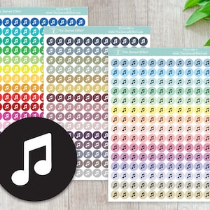 May include: Four sheets of colorful music note stickers. Each sheet has 10 rows of 10 stickers, each with a black music note on a colored circle. The colors on the sheets are rainbow, gray, blue, and beige.