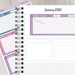 May include: A weight tracker page from a journal with a graph to track weight loss. The graph shows a line going down from 180 to 165 pounds. The goal is 135 pounds and the start date is 1/1/21. The page is labeled "January 2021".