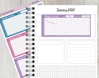 May include: A weight tracker page from a journal with a graph to track weight loss. The graph shows a line going down from 180 to 165 pounds. The goal is 135 pounds and the start date is 1/1/21. The page is labeled "January 2021".