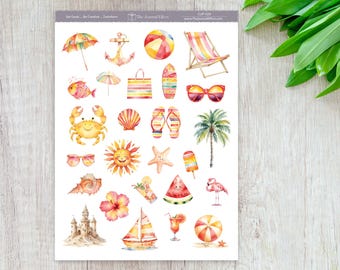 Tropical Beach Day Planner Stickers, Bright Summer Watercolors Matte Stickers, Planners, Journals, Cards and Crafts, BUJO, CLIP-029