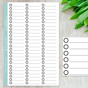 May include: A printable checklist with 5 columns of 40 circles each, and a smaller checklist with 7 circles and 5 lines. The checklists are on a white background with black lines and circles.
