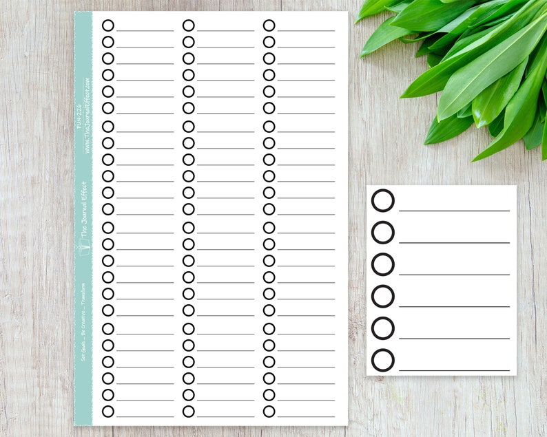 May include: A printable checklist with 5 columns of 40 circles each, and a smaller checklist with 7 circles and 5 lines. The checklists are on a white background with black lines and circles.