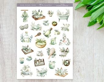 Self-Care Spa Planner Stickers, Calming Botanical Wellness Stickers for Journals, Planners & Bullet Journals, Green Spa Day, CLIP-025