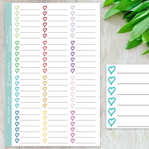 May include: Printable checklist with a column of hearts in various colors, including red, orange, yellow, green, blue, purple, and pink. The hearts are outlined in black. There is a separate checklist with a column of blue outlined hearts.