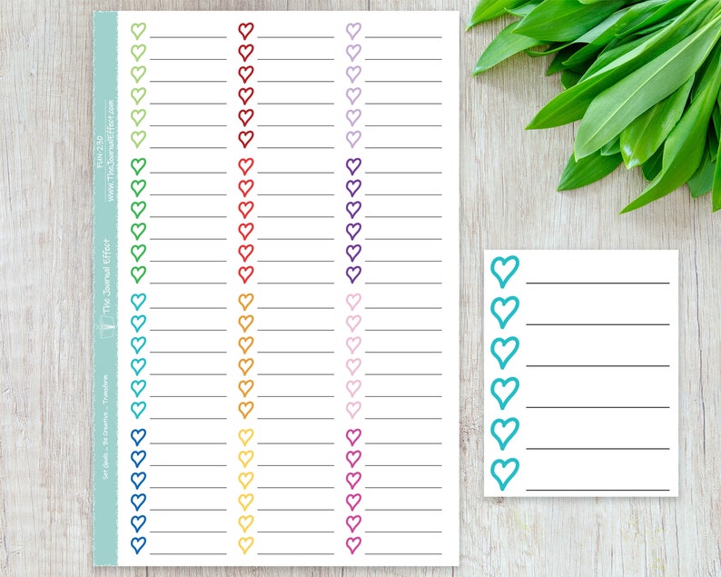 May include: Printable checklist with a column of hearts in various colors, including red, orange, yellow, green, blue, purple, and pink. The hearts are outlined in black. There is a separate checklist with a column of blue outlined hearts.
