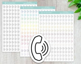Puede incluir: Tres hojas de pegatinas de iconos de teléfono. La primera hoja tiene iconos de teléfono negros. La segunda hoja tiene iconos de teléfono de colores arcoíris. La tercera hoja tiene iconos de teléfono grises. Los iconos de teléfono están delineados en negro. Las hojas están etiquetadas como "The Journal Effect" y tienen una dirección de sitio web.