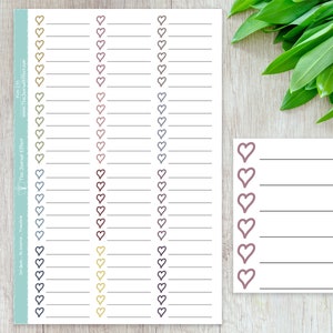 May include: A printable sheet with a variety of heart-shaped checklists. The sheet has four columns of hearts in different colors: gold, pink, gray, and blue. Each column has 20 hearts with a line next to each heart. The sheet is titled "The Journal Effect".