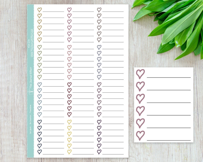 May include: A printable sheet with a variety of heart-shaped checklists. The sheet has four columns of hearts in different colors: gold, pink, gray, and blue. Each column has 20 hearts with a line next to each heart. The sheet is titled "The Journal Effect".
