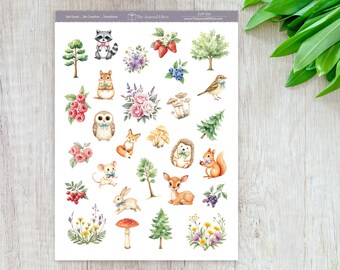 Woodland Forest Animal Planner Stickers, Trees, Mushrooms & Wildflowers, Nature-Themed, Planners, Journals, Cards and Crafts, BUJO, CLIP-031