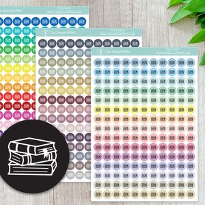 May include: Three sheets of colorful round stickers with a stack of books icon. The stickers are in various shades of blue, green, yellow, orange, red, purple, brown, gray, and pink. The sheets are labeled "The Journal Effect" and include a website address.