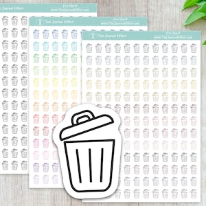 May include: Four sheets of stickers with a gradient of colors. Each sheet has 10 rows of 10 small black and white trash can icons. A larger black and white trash can icon is in the center of the image.