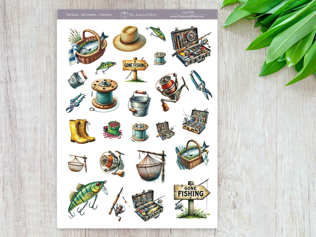 Retro Fish Sticker Gone Fishing Planner Stickers, Vintage Fishing Gear & Outdoors Clipart ...