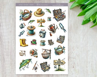 Gone Fishing Planner Stickers, Vintage Fishing Gear & Outdoors Clipart Stickers, Planners, Journals, Cards and Crafts, BUJO, CLIP-030