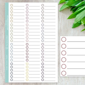 May include: A printable checklist with 3 columns of 30 circles each, with different coloured circles in each column. The circles are for ticking off tasks or goals. There is a smaller checklist with 5 circles on the right side of the page.