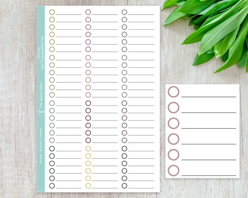 May include: A printable checklist with 3 columns of 30 circles each, with different coloured circles in each column. The circles are for ticking off tasks or goals. There is a smaller checklist with 5 circles on the right side of the page.