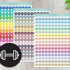 May include: Three sheets of colorful round stickers with a white dumbbell icon on each sticker. The stickers are arranged in rows and columns. The sheets are labeled "The Journal Effect" and "DICN-140-H".