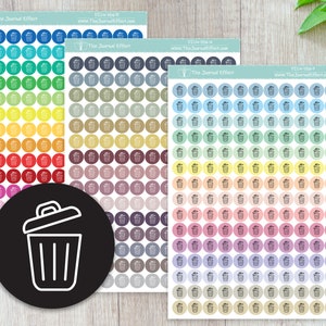 May include: Four sheets of colorful stickers with a trash can icon. Each sheet has 10 rows of 10 stickers, with each sticker featuring a different color and a white outline of a trash can.