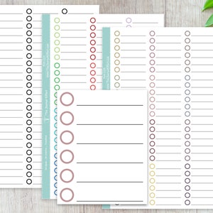 May include: Five printable pages of habit trackers with different coloured circles. Each page has a title and a website address. The pages are designed for use with a journal or planner.